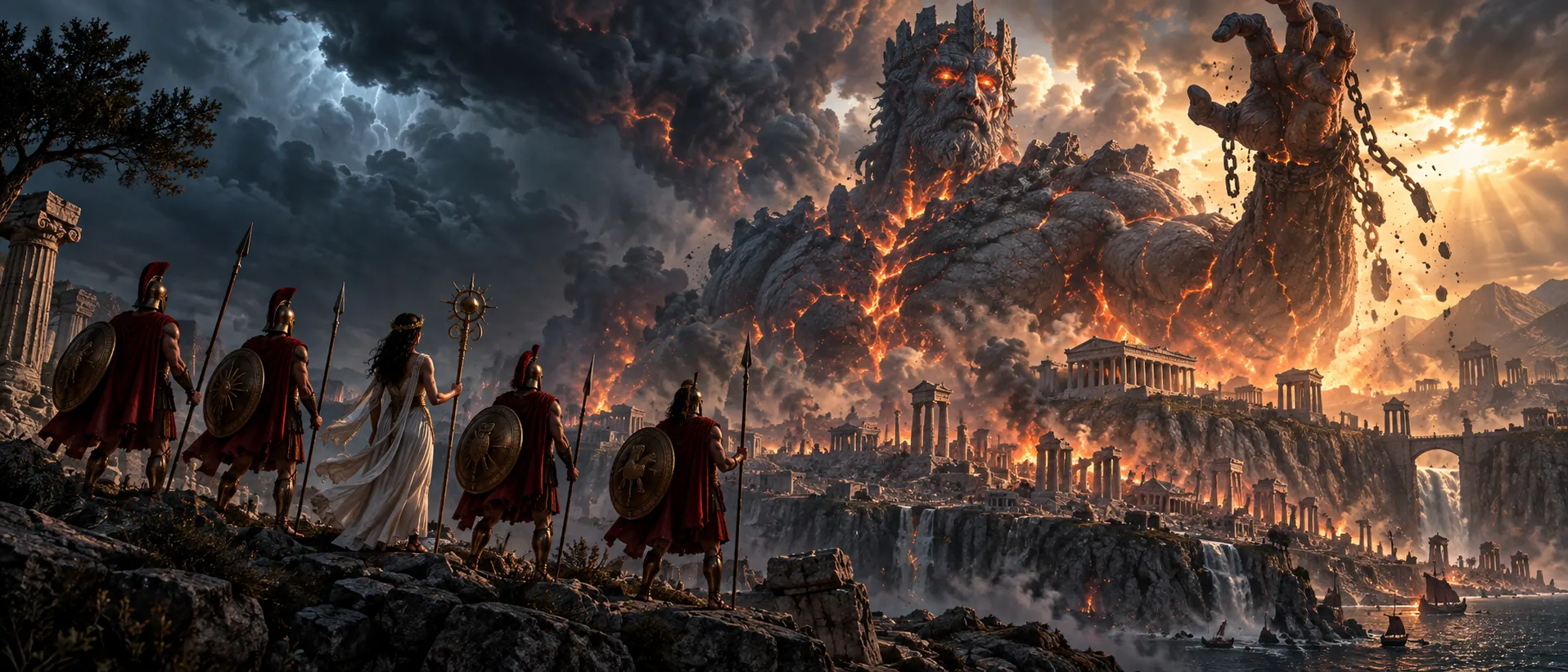 A colossal burning Titan rises beyond a ruined Greek city as a band of mortal warriors stands ready