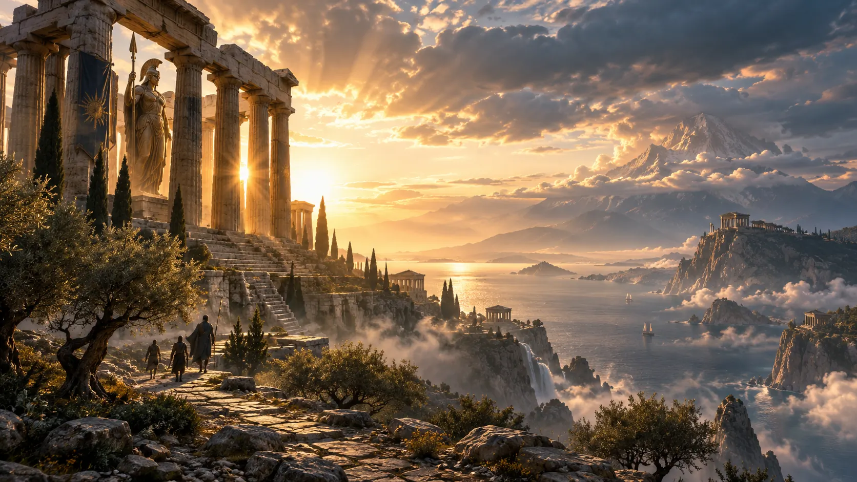 First light of dawn pouring through the columns of a clifftop temple above the sea