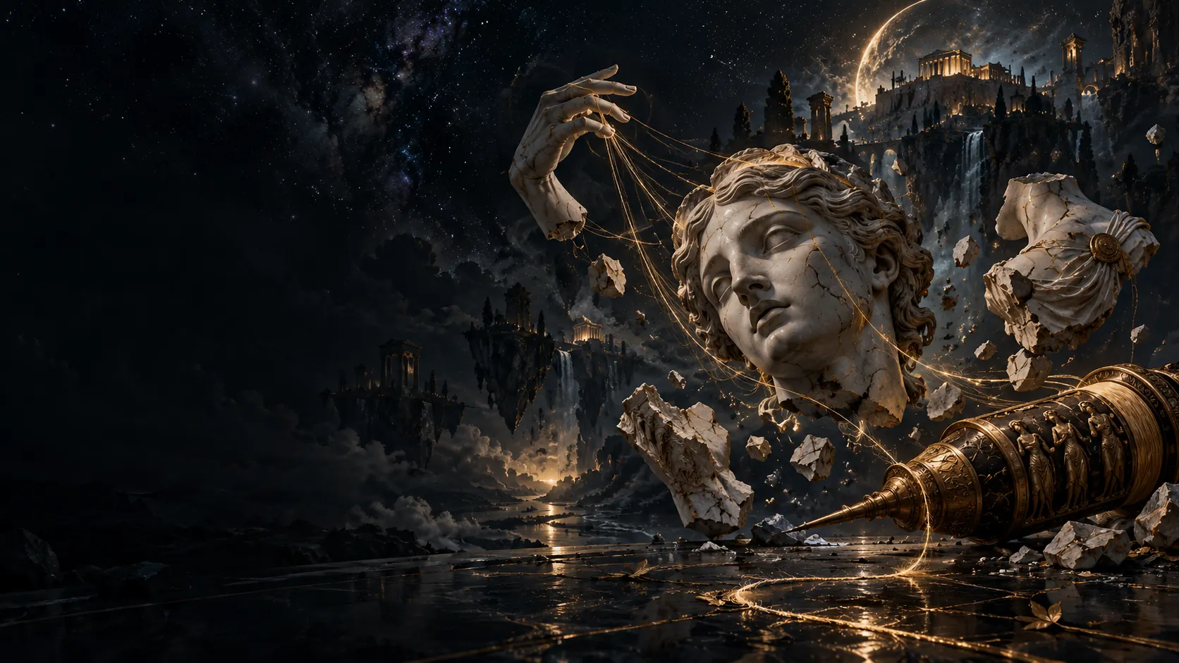 Fragments of marble statues suspended in darkness, bound by thin golden threads
