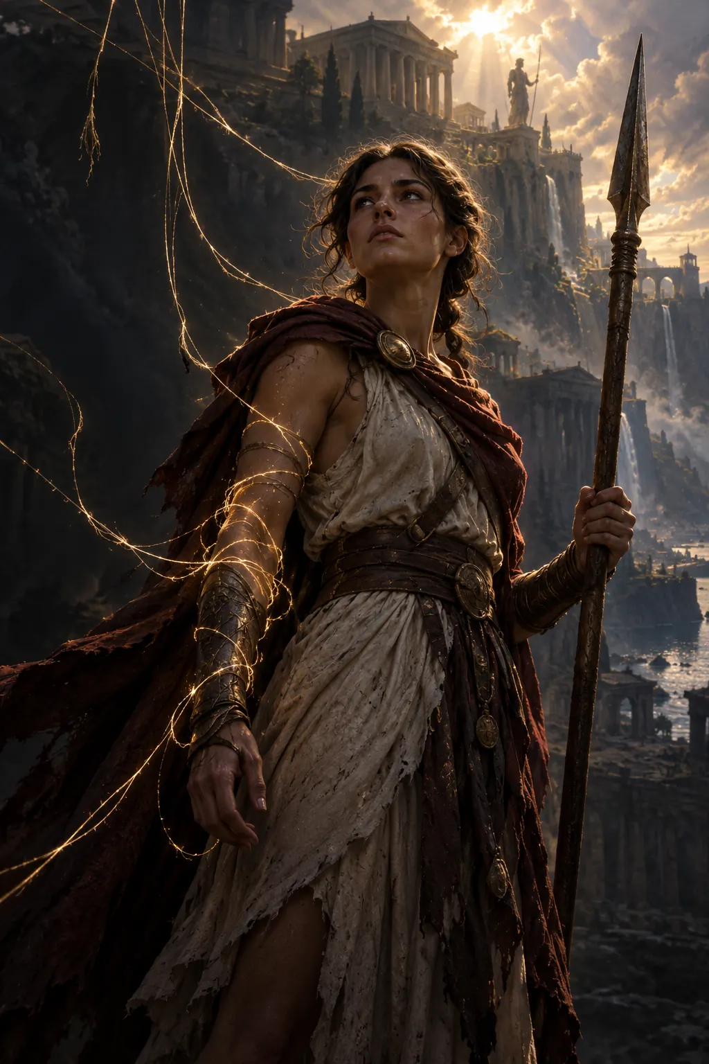 A young mortal hero with a spear, golden threads of fate fraying around their arm