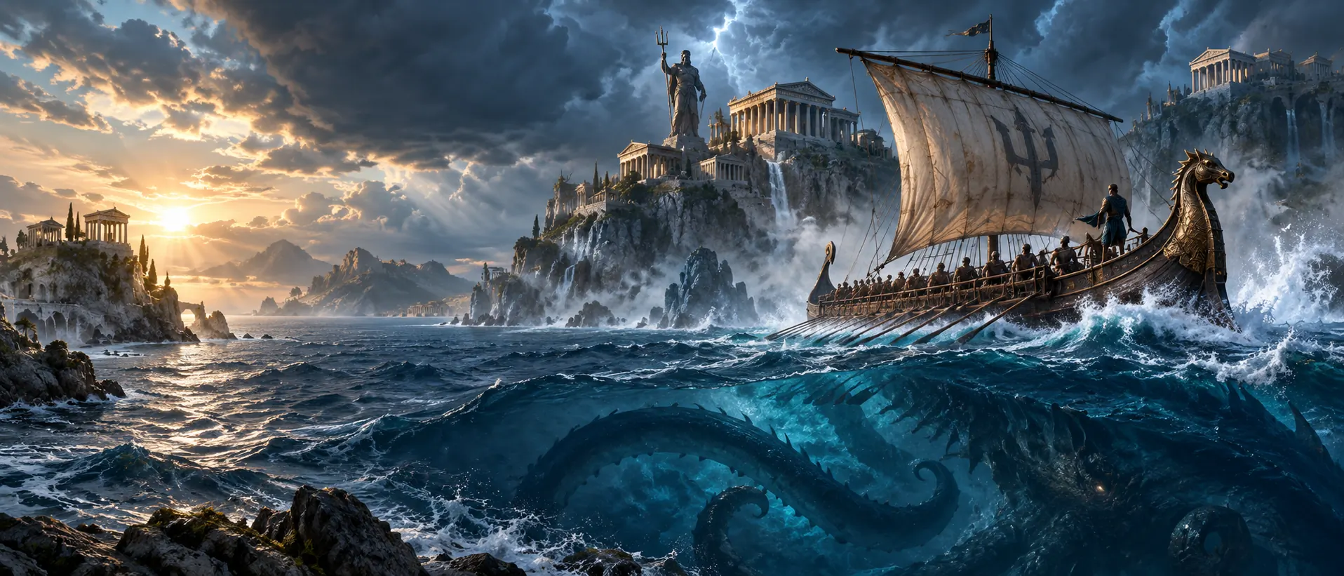 A Greek trireme sailing a stormy Aegean sea past island shrines, a vast shadow beneath the waves