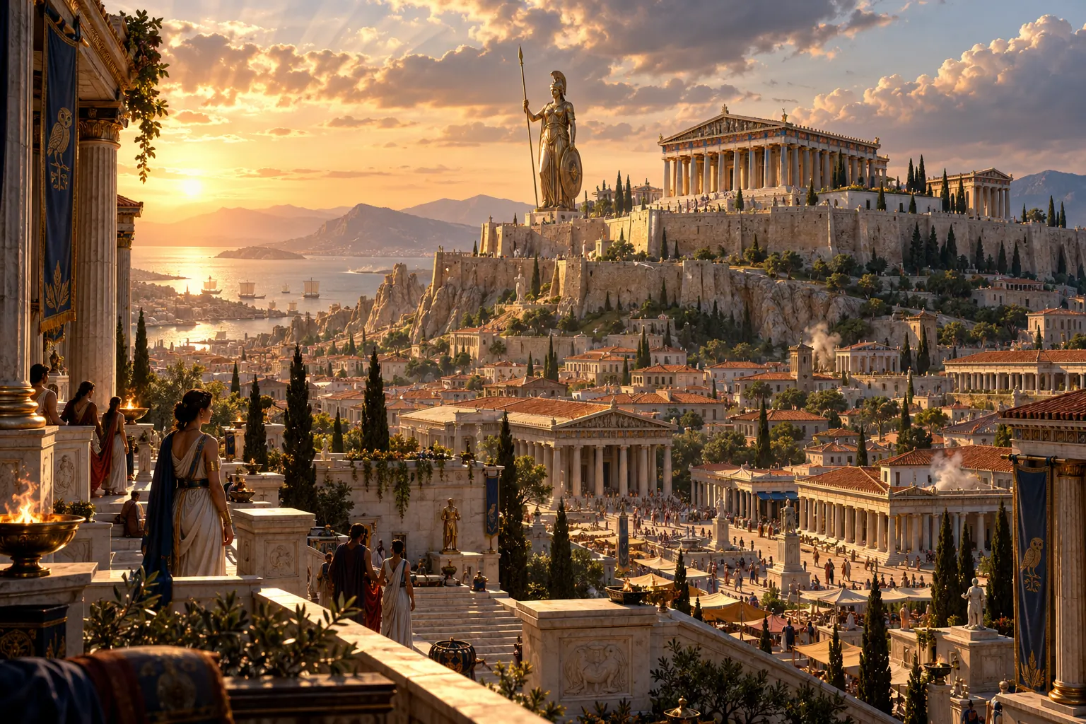 Ancient Athens at golden hour with the Parthenon above a city of terracotta roofs