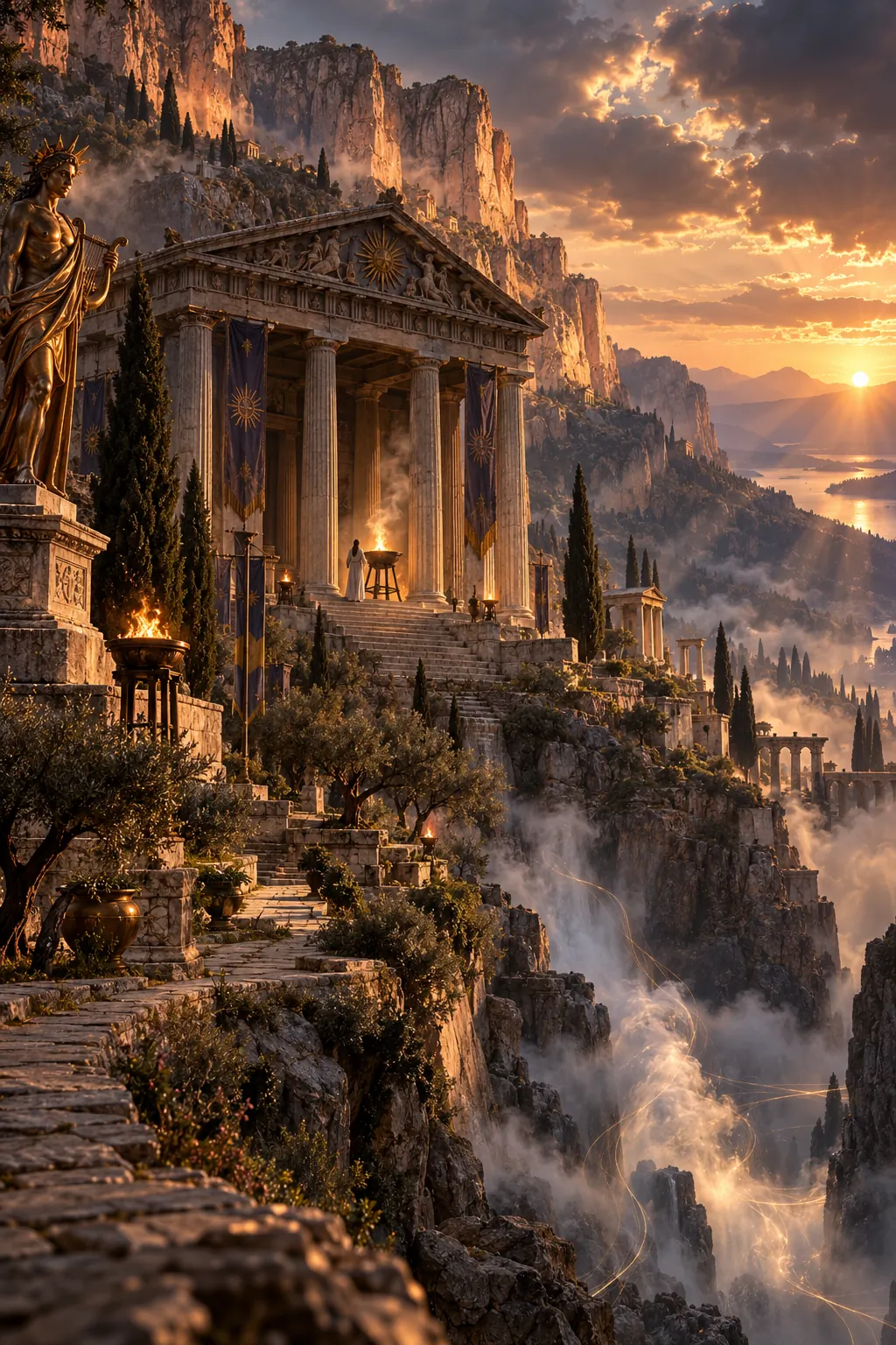 The Temple of Apollo at Delphi on the cliffs of Parnassus at dusk, oracle vapour rising