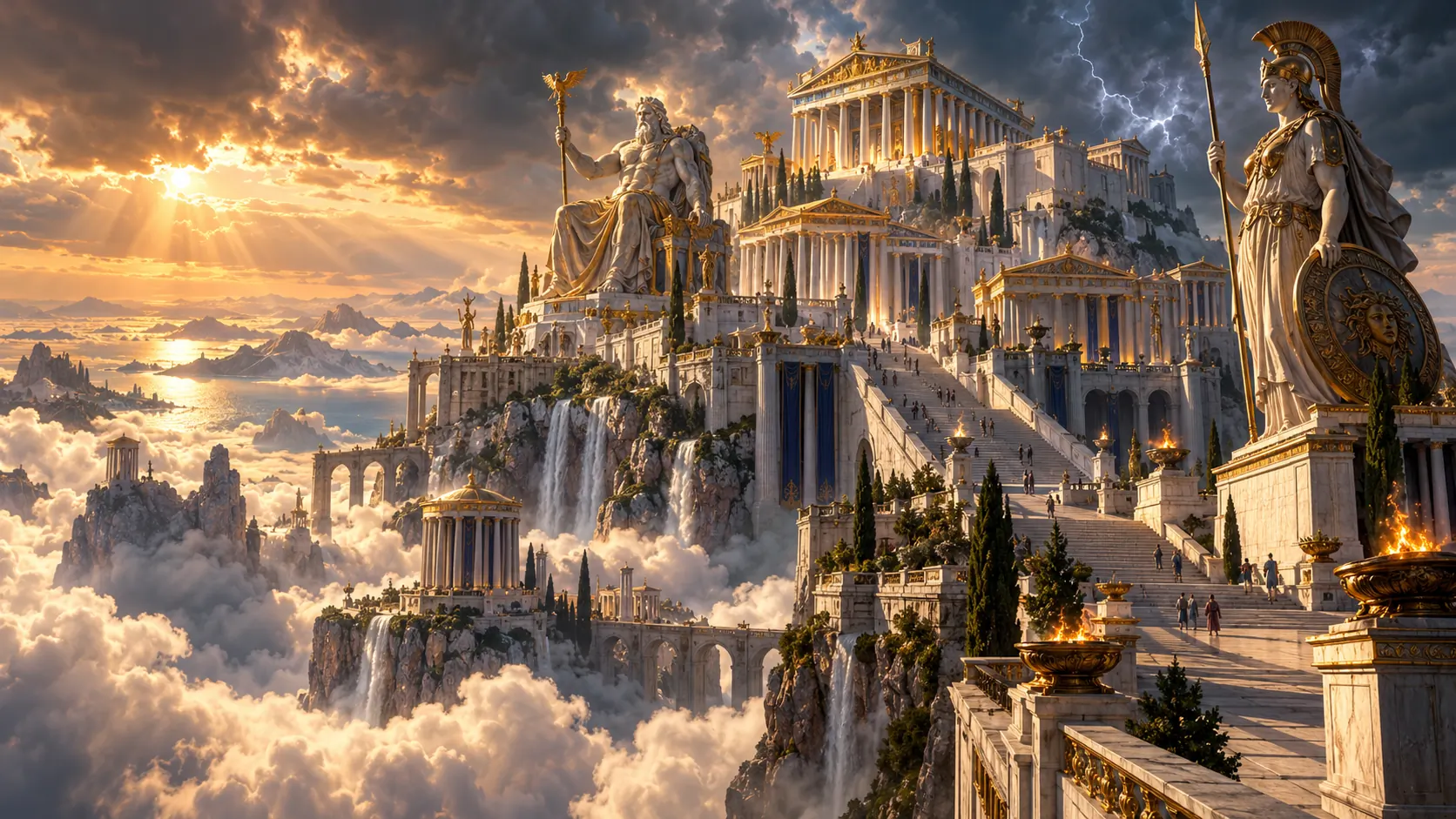 A colossal marble acropolis crowning the cloud-wreathed summit of Mount Olympus