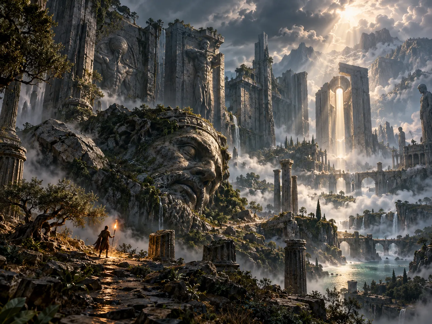 Colossal pre-Olympian ruins and a toppled stone head in a misty overgrown valley