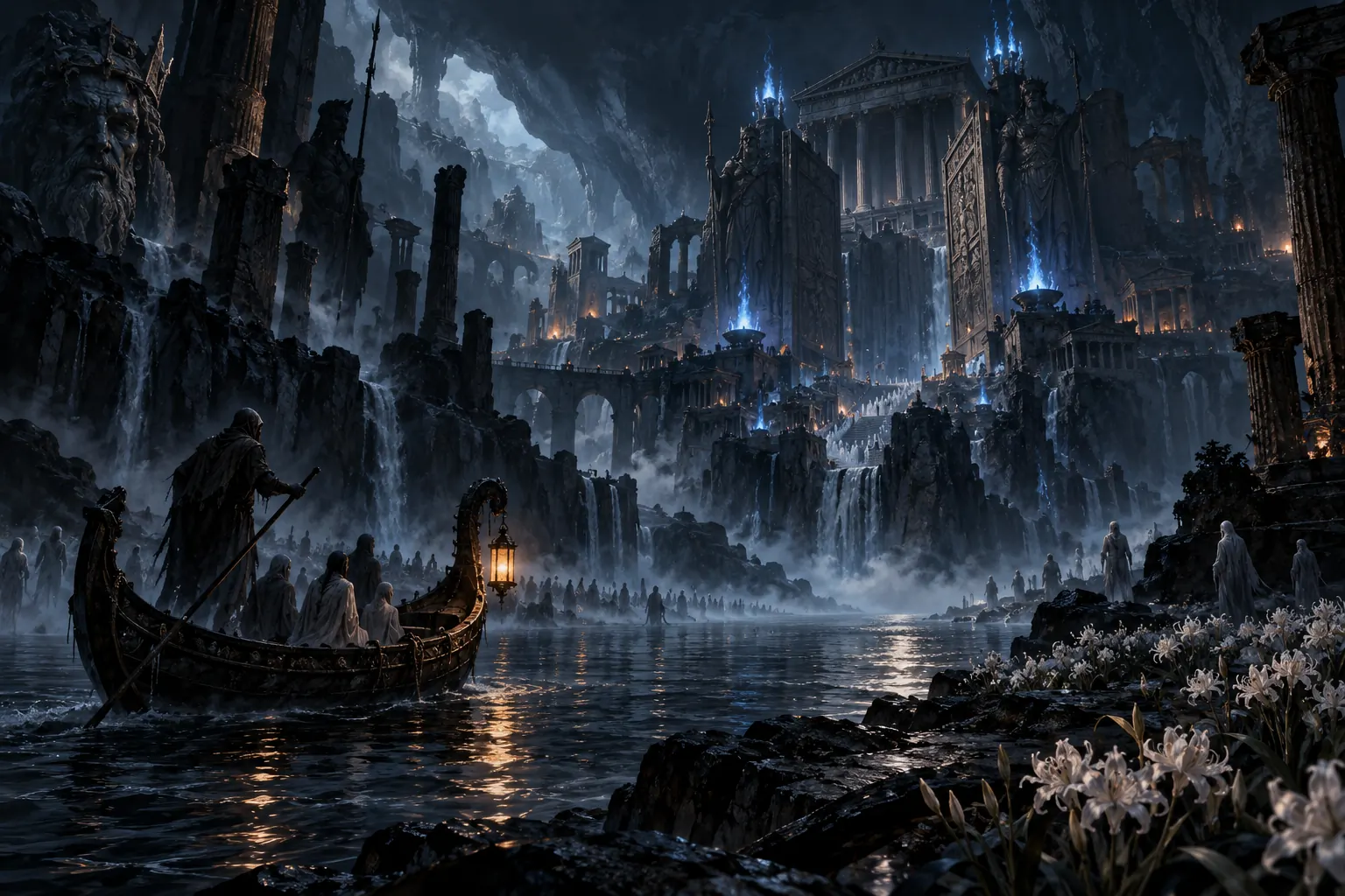 The river Styx winding through the obsidian caverns of the Underworld, lit by cold blue flame